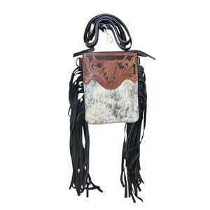 Genuine Cowhide Leather Calfhair Crossbody Bag Edgy Fringe Western Boho Handbag
